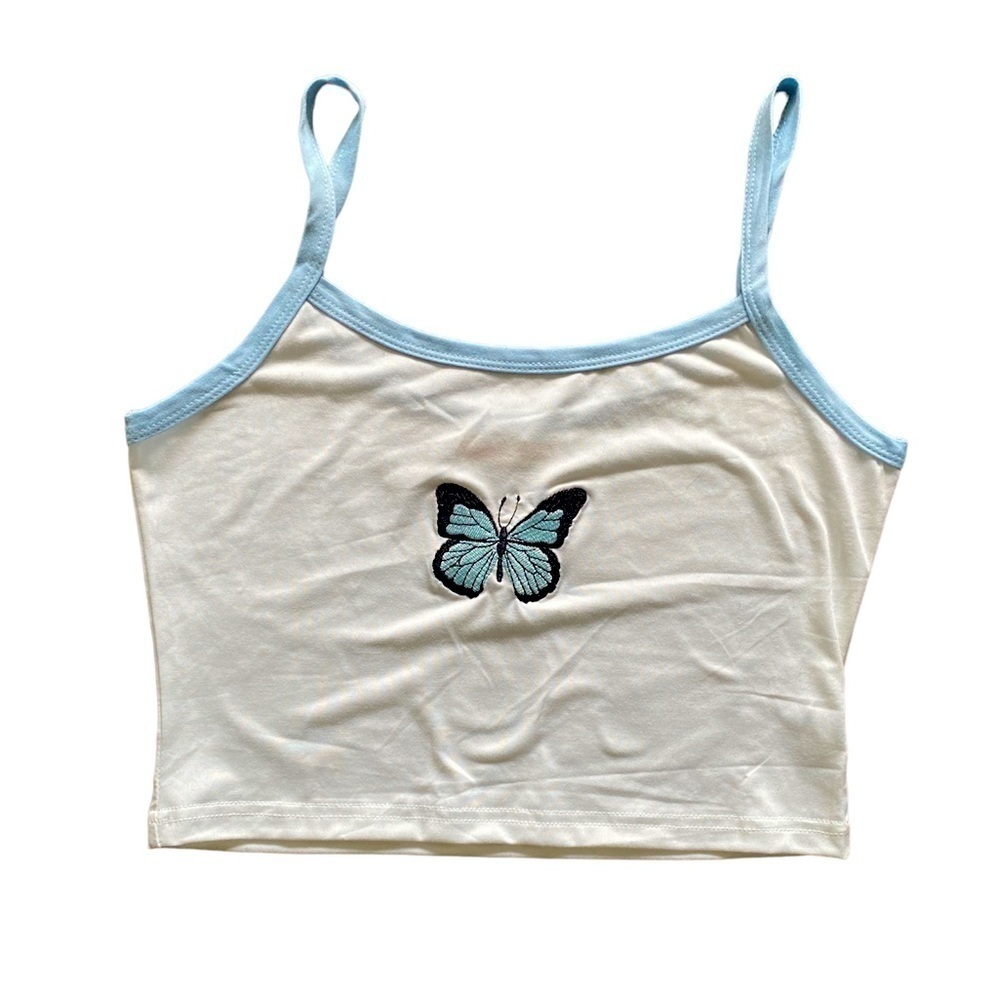 2/$10 Romwe White with Embroidered Butterfly Cropped Tank size Small